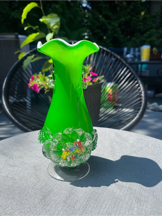 Murano Style Other - Vintage Murano Style (possibly authentic) Green Glass Vase Applied Flowers 8”